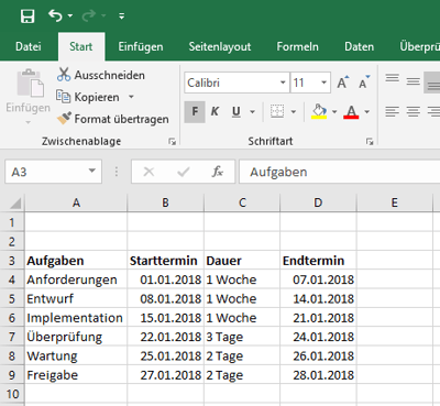 Gantt-Diagramm in Excel dauer festlegen