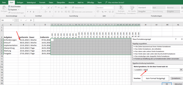 Gantt-Diagramm in Excel bedingungen