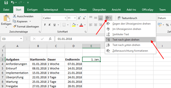 Gantt-Diagramm in Excel ausrichtung ändern