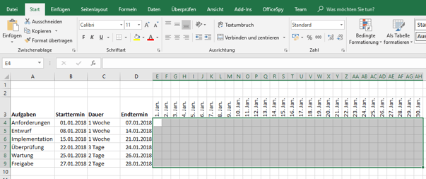 Gantt-Diagramm in Excel bedingte formatierung einfügen