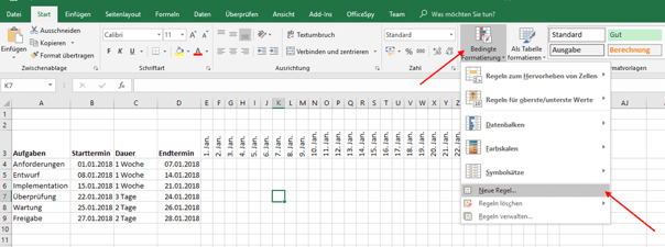 Gantt-Diagramm in Excel neue regel