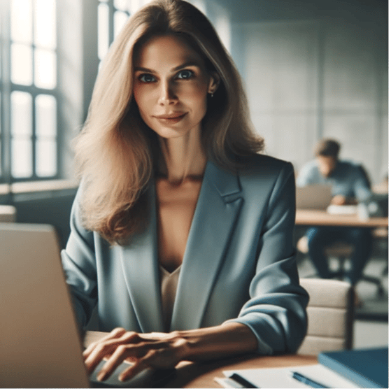 AI-generated woman in office Dall-E 3. try