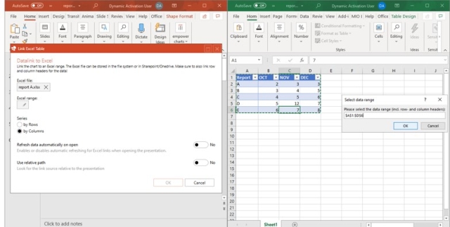 select excel range Automatically update PowerPoint Excel links
