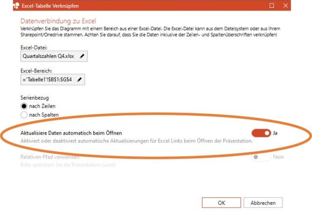 aktualisiere Daten automatisch beim Öffnen PowerPoint-Excel-Verknüpfungen automatisch aktualisieren