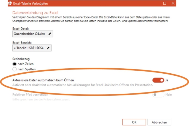 Erweiterte Einstellungen für die Excel-PowerPoint