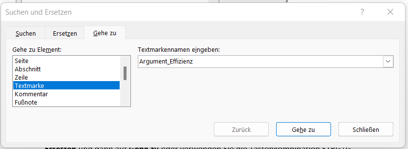 Textmarke finden Schritt 1