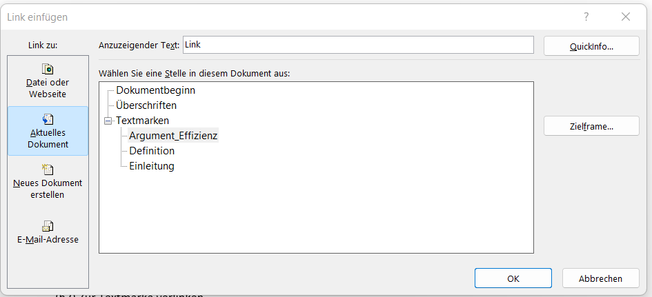 Textmarke verlinken 
