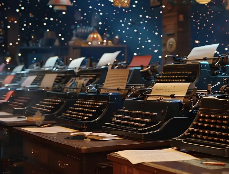 Several writing machines on desks