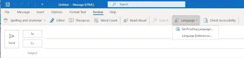 automatic spell check outlook select change proof language
