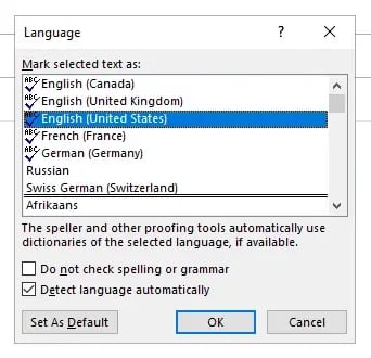 select language for automatic spell checking
