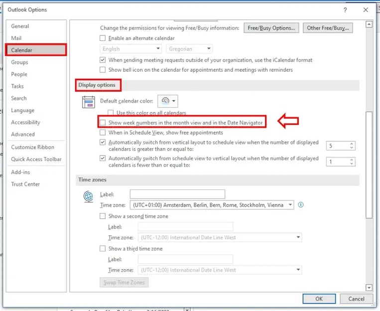 How to show calender week numbers in Outlook task bar