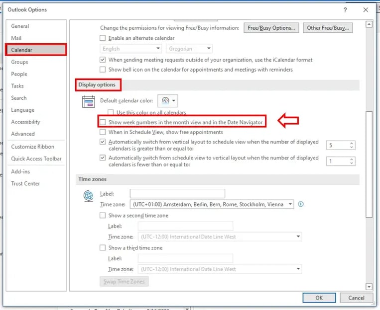 week number outlook task bar Display options