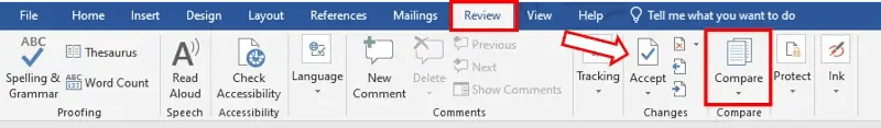 Compare Word documents review tab