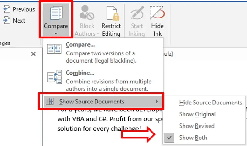compare two word documents show source documents