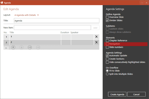 easy creation powerpoint agenda editor