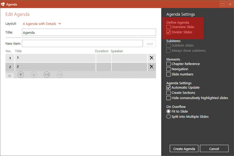 easy creation powerpoint agenda  settings