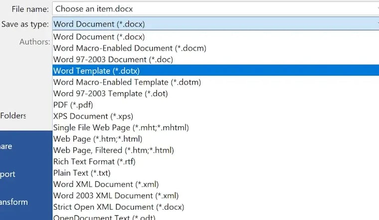 save word templates choose format
