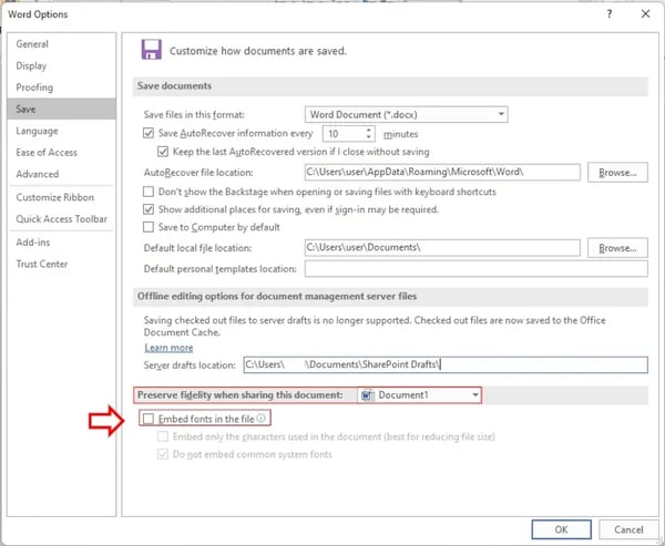 embed unique fonts in word document