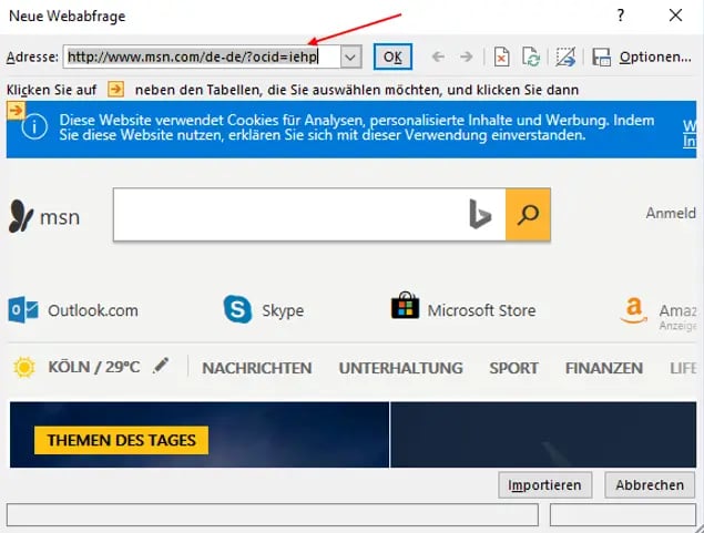 Daten von Webseiten in Excel als Tabelle einfügen