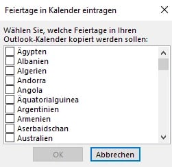 Feiertage in Outlook Kalender eintragen Länder auswählen