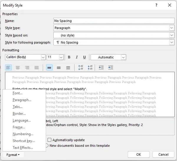 Modify style word modify shortcut key