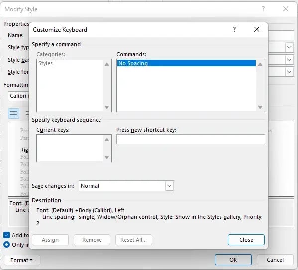 press new shortcut key for word style