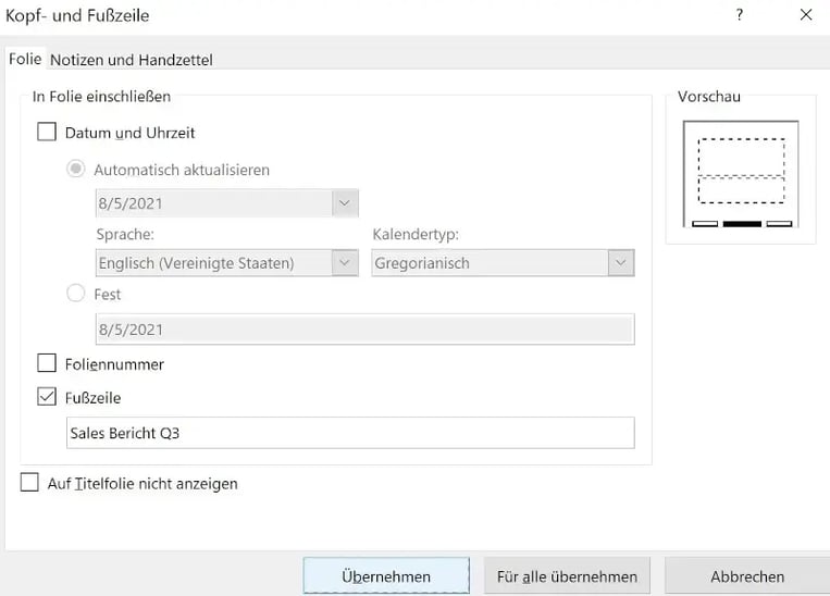 Fußzeilen in PowerPoint bearbeiten auf einer Folie einfügen