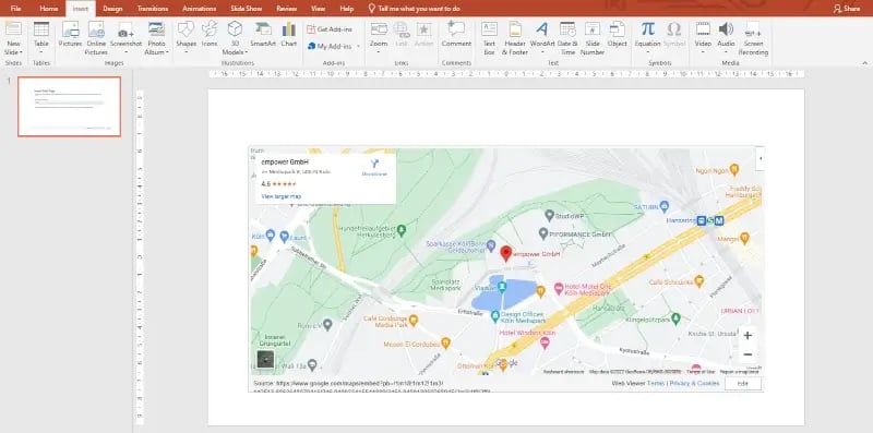 insert interactive map PowerPoint click preview to open google map snippet