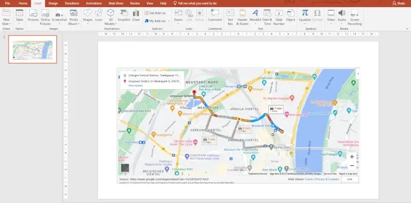 insert interactive map PowerPoint insert Google Route in presentation