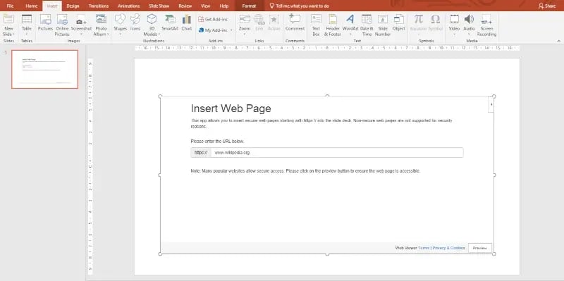 web viewer screen in PowerPoint