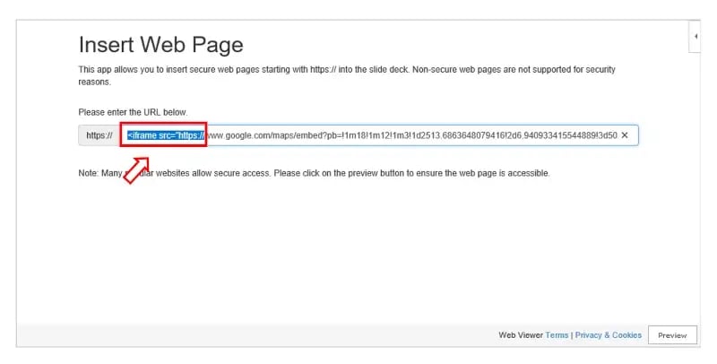 insert interactive map PowerPoint delete first part of Google HTML Link