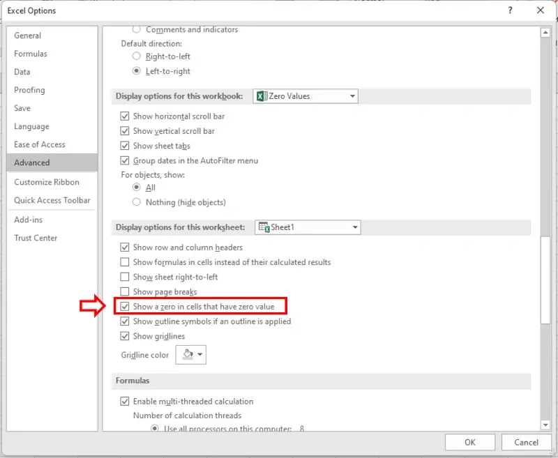 hide zero values in Excel options