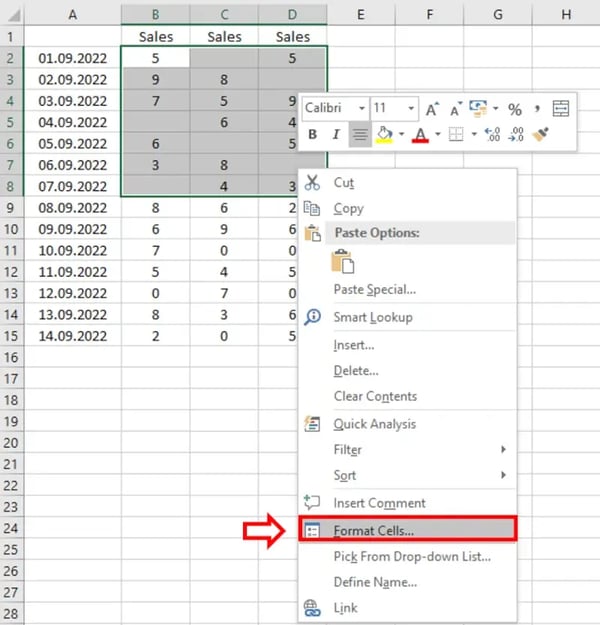 hide zero values in Excel selected area