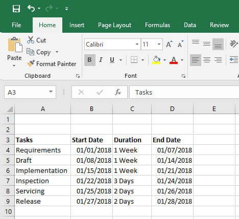 Gantt chart in Excel create table