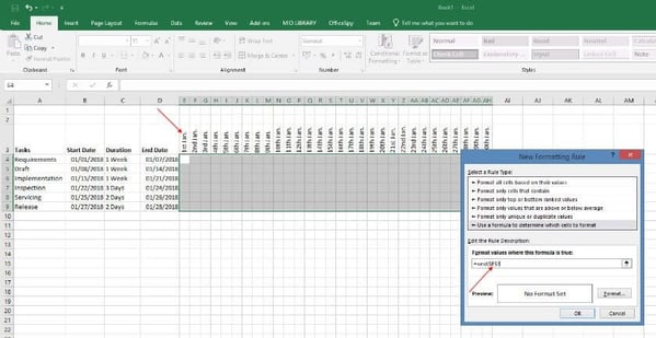 Gantt chart in Excel AND formula