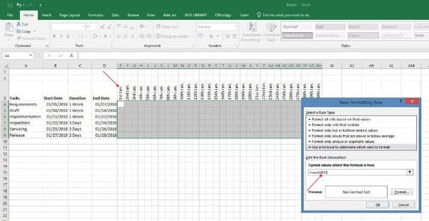 Gantt chart in Excel AND formula