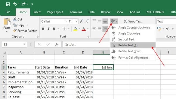 Gantt chart in Excel rotate text up