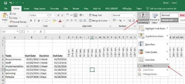 Gantt chart in Excel new rule