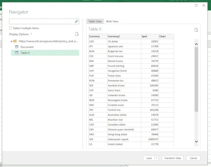 insert web data into excel as chart choose display option