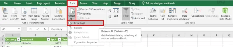 refresh web imported data in excel