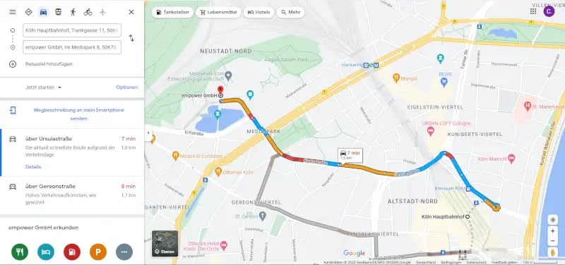 Route in Google maps für interaktive Karte in PowerPoint