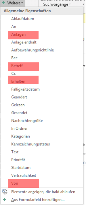 outlook suche optimieren parameter