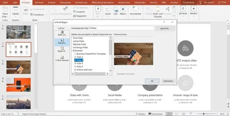 PowerPoint Folien verlinken aktuelles Dokument auswählen