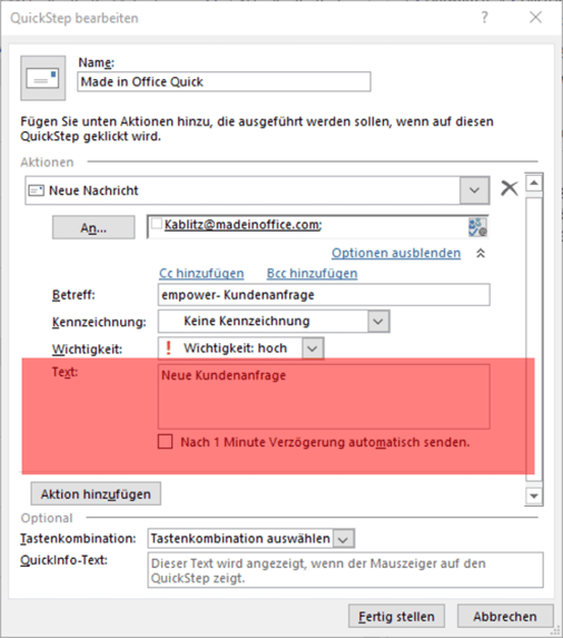 Quicksteps erstellen outlook Einstellungen