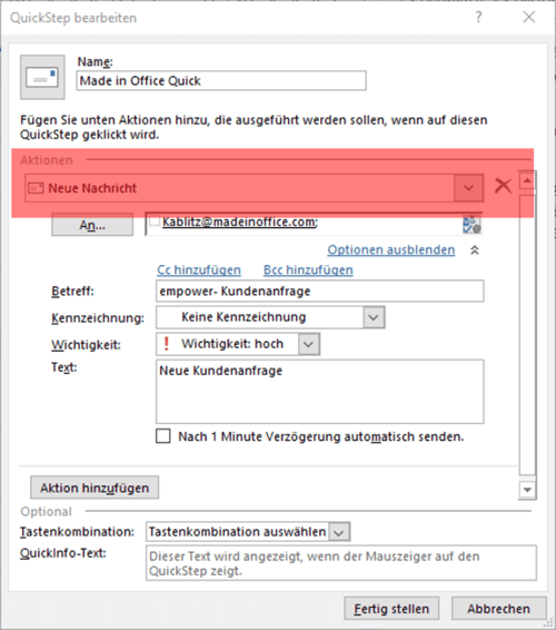 Quicksteps erstellen outlook beispiel neue Nachricht