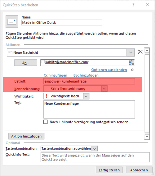 Quicksteps erstellen outlook Betreff und Kennzeichnung