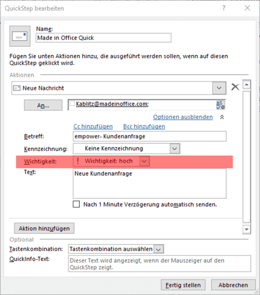 Quicksteps erstellen outlook Wichtigkeit