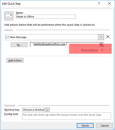 add QuickStep in Outlook show options