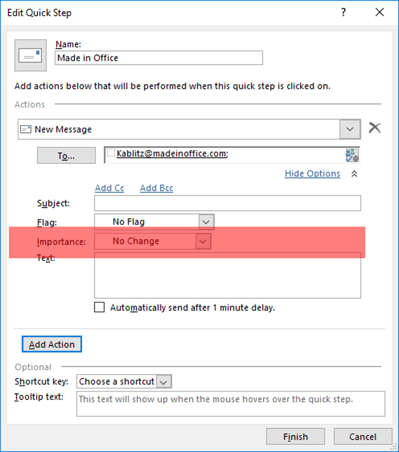 add QuickStep in Outlook edit importance of email