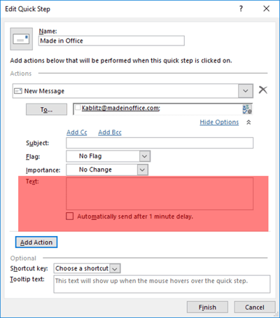 add QuickStep in Outlook send email with 1 minute delay